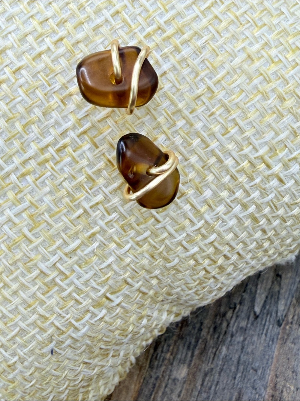 Amber + Gold-Wrapped Brown Stone Stud Earrings